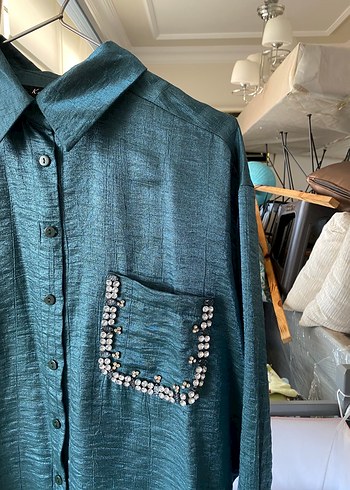 Düğmeli Turkuaz Kadın Keten Gömlek - Görsel 2