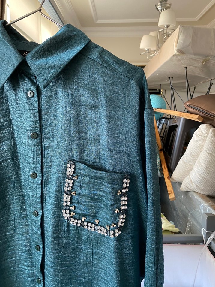 Düğmeli Turkuaz Kadın Keten Gömlek - Görsel 2