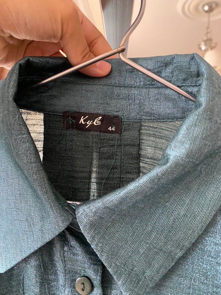 Düğmeli Turkuaz Kadın Keten Gömlek - Görsel 3