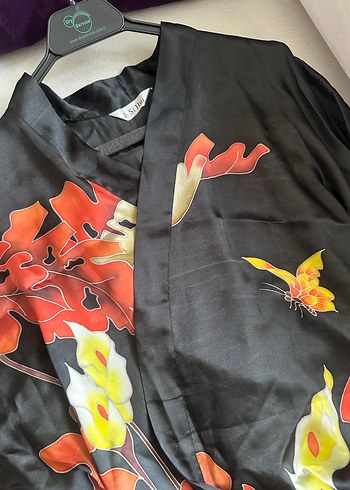 Uzun Siyah Desenli Kadın ipek Kimono - Görsel 2