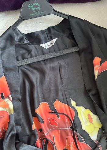 Uzun Siyah Desenli Kadın ipek Kimono - Görsel 3