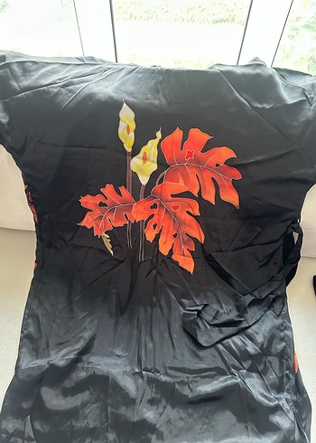 Uzun Siyah Desenli Kadın ipek Kimono - Görsel 4