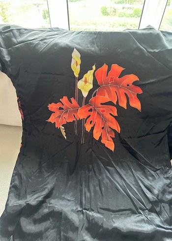 Uzun Siyah Desenli Kadın ipek Kimono - Görsel 5