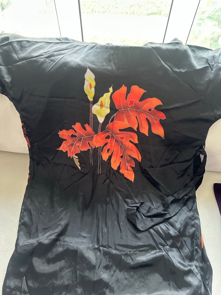 Uzun Siyah Desenli Kadın ipek Kimono - Görsel 4