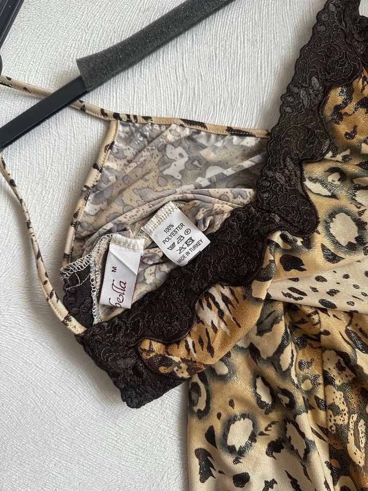 Leopar Desenli İnce Askılı Mini gecelik kombinezon - Görsel 5