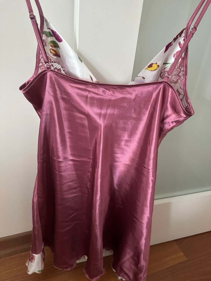 Pembe Parlak İp Askılı Midi Gecelik kombinezon - Görsel 4