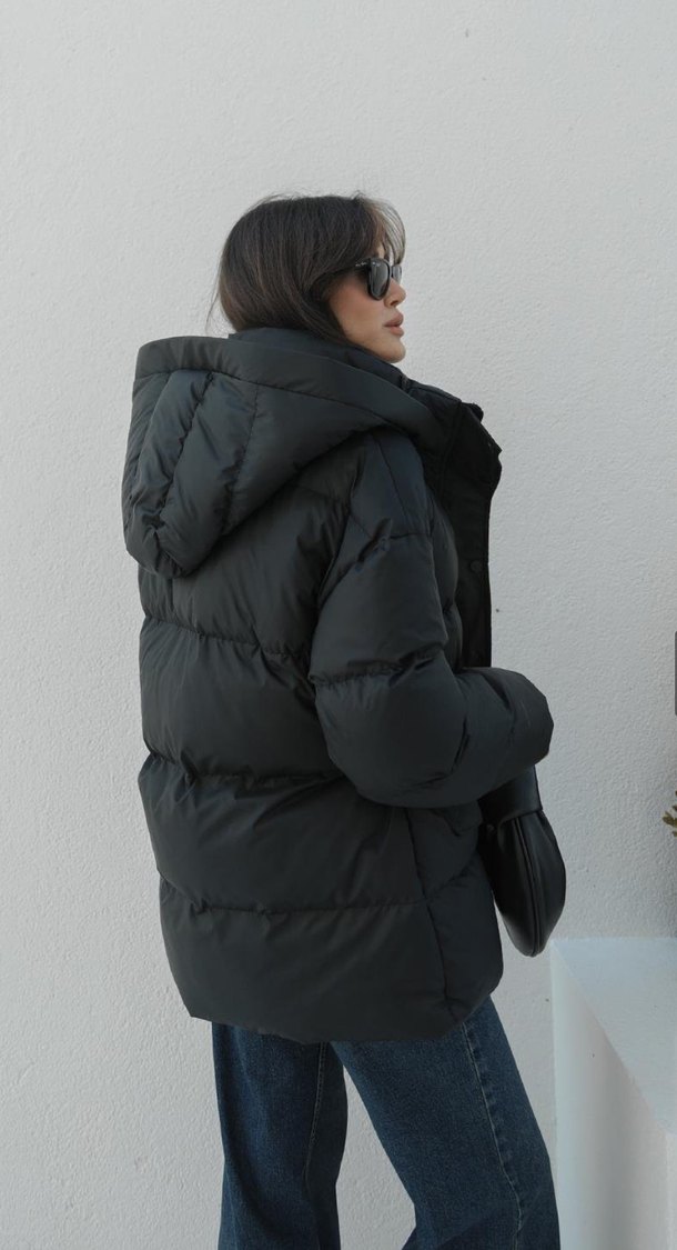 Siyah Kapüşonlu Kadın Puff Mont - Görsel 2