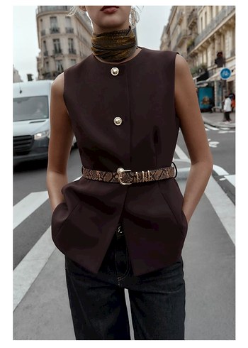 Kahverengi Deri Kemerli Midi Yelek - Görsel 2