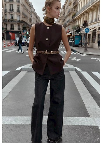 Kahverengi Deri Kemerli Midi Yelek - Görsel 5