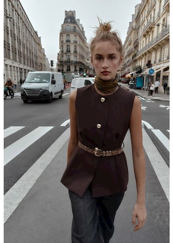 Kahverengi Deri Kemerli Midi Yelek - Görsel 3