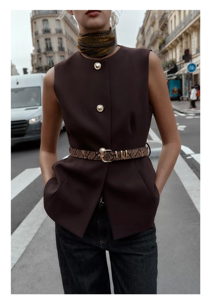 Kahverengi Deri Kemerli Midi Yelek - Görsel 2