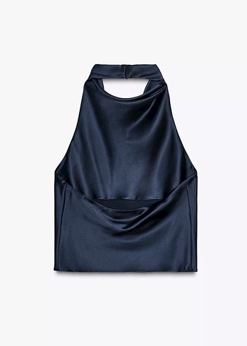 Zara Lacivert Parlak Drapeli Yüksek Yakalı Kolsuz Bluz