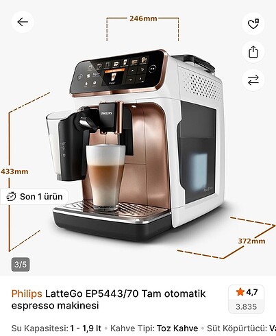 Beden Phlıps latte go ep5443/70 tam otomatik kahve makinası
