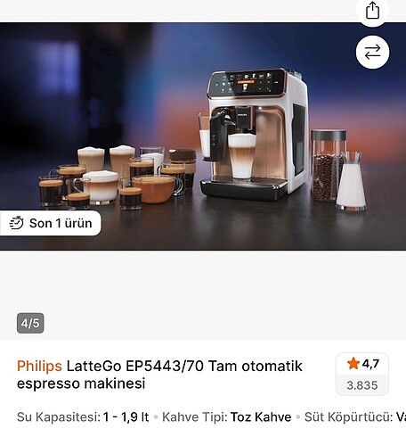 Beden Renk Phlıps latte go ep5443/70 tam otomatik kahve makinası