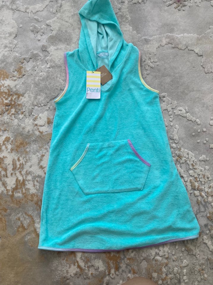 Kız Çocuk Turkuaz Kapüşonlu Kolsuz Panço 8-9 yaş - Görsel 2