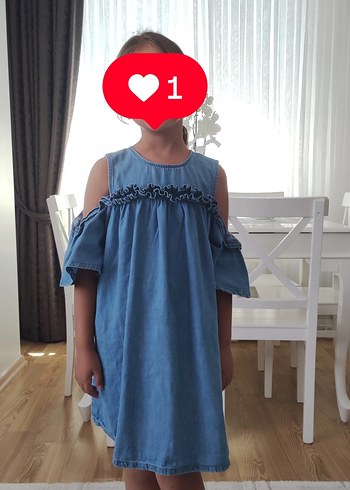 Kız Çocuk Mavi Denim Volanlı Elbise