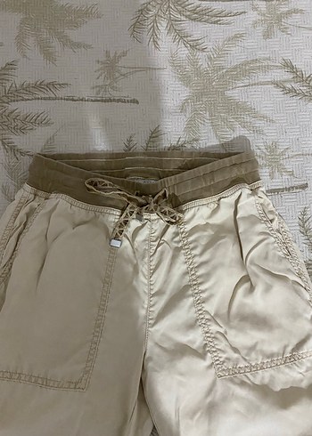 Bej Keten Bol Kesim Kemerli Jogger Kadın Pantolon - Görsel 3