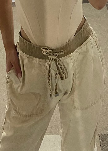 Bej Keten Bol Kesim Kemerli Jogger Kadın Pantolon - Görsel 2