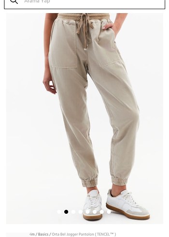 Bej Keten Bol Kesim Kemerli Jogger Kadın Pantolon - Görsel 12