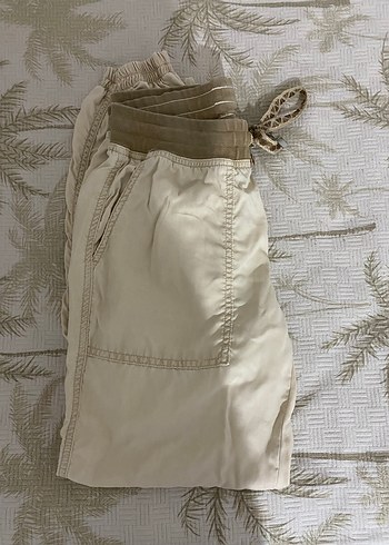 Bej Keten Bol Kesim Kemerli Jogger Kadın Pantolon - Görsel 4