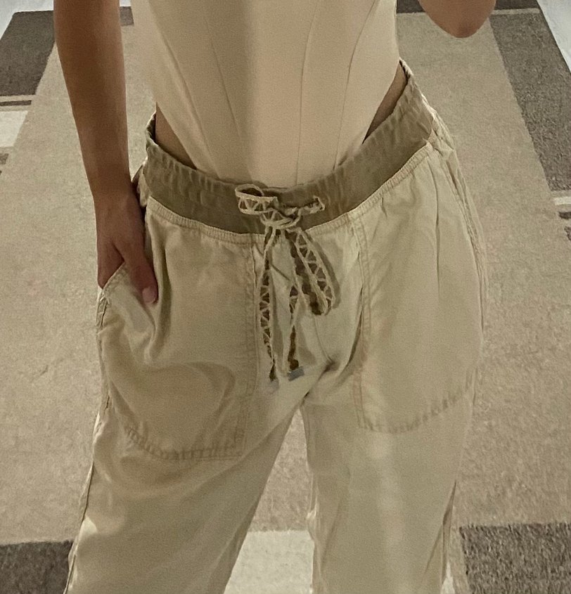 Bej Keten Bol Kesim Kemerli Jogger Kadın Pantolon - Görsel 2