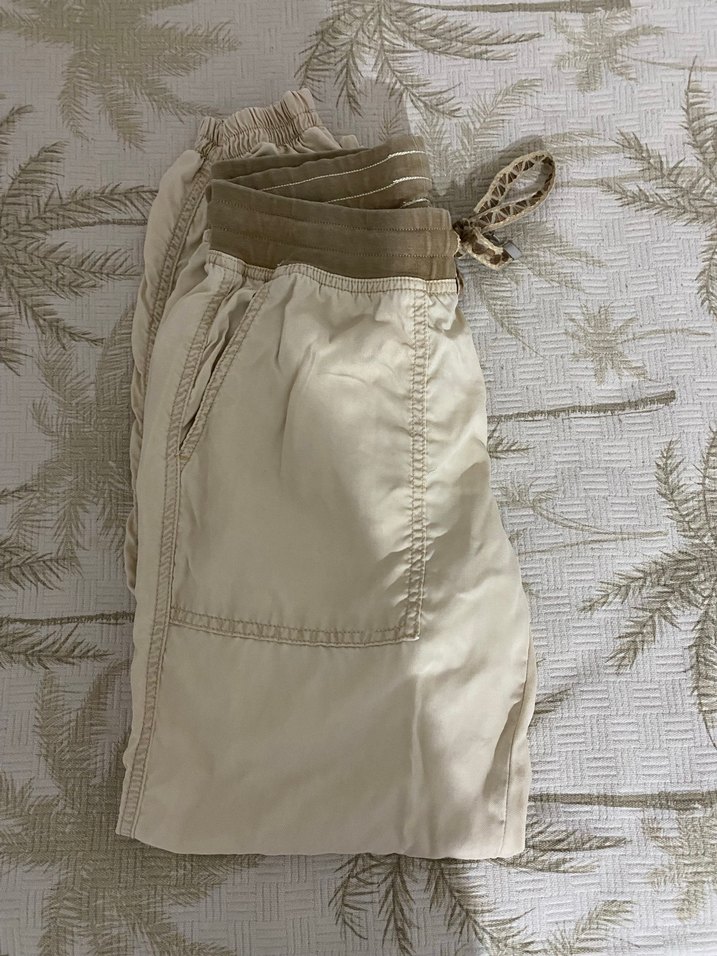 Bej Keten Bol Kesim Kemerli Jogger Kadın Pantolon - Görsel 4