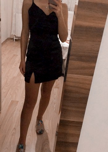 BSL FASHION Sik Siyah Mini Saten Elbise