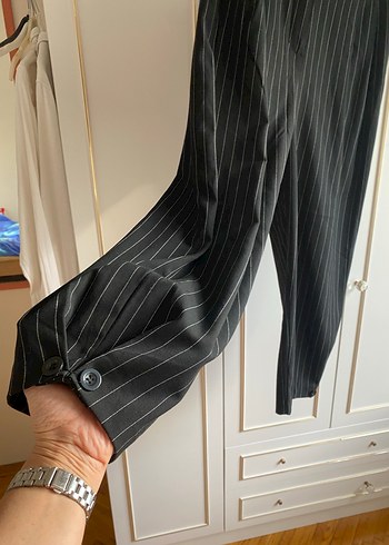 Düğmeli Siyah Çizgili Keten Kadın Pantolon - Görsel 3