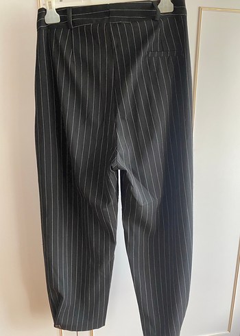 Düğmeli Siyah Çizgili Keten Kadın Pantolon - Görsel 2