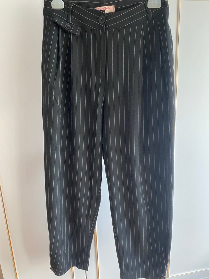 Düğmeli Siyah Çizgili Keten Kadın Pantolon - Görsel 4