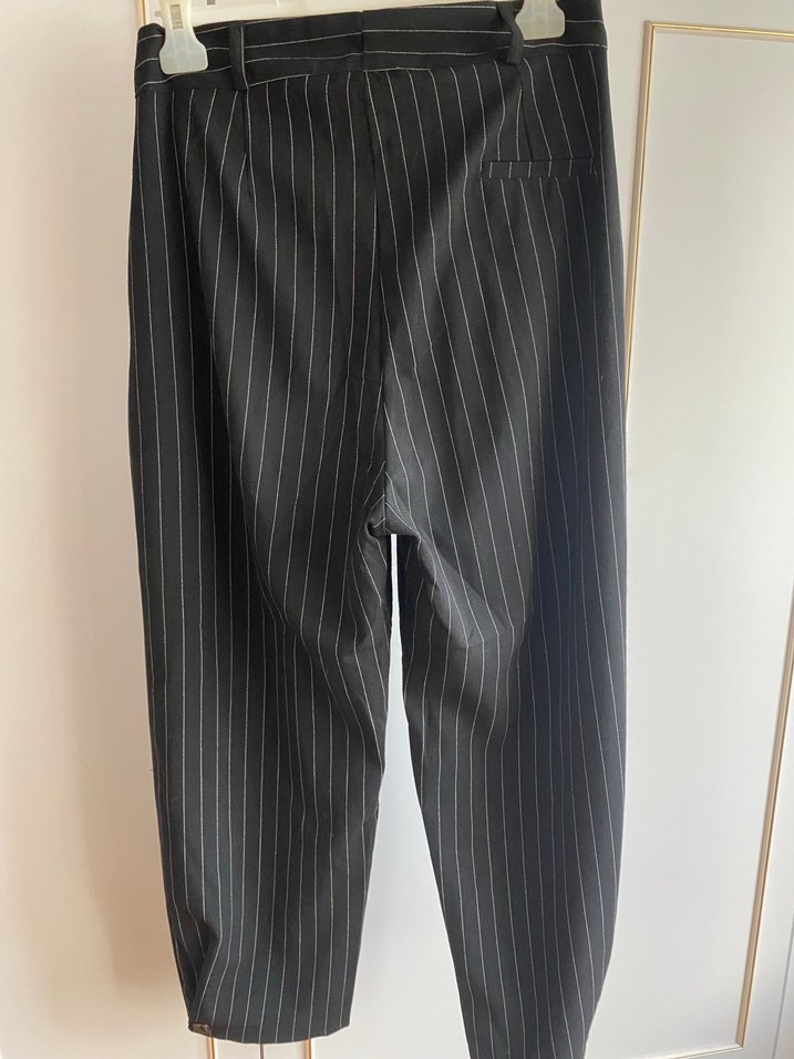 Düğmeli Siyah Çizgili Keten Kadın Pantolon - Görsel 2