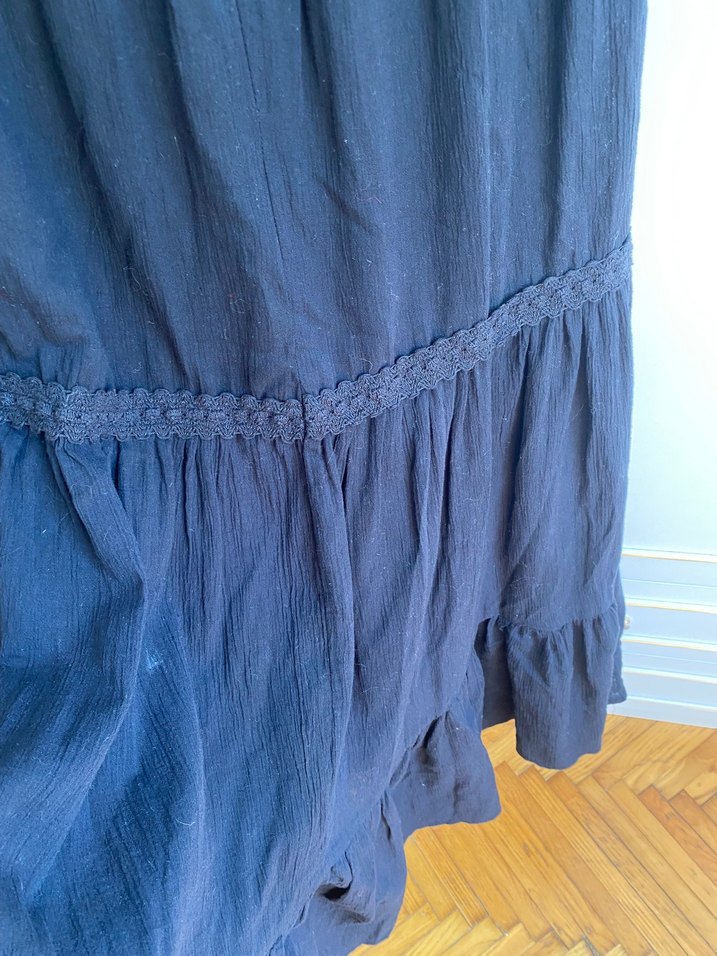 Uzun Siyah Keten Fırfırlı Askılı Elbise - Görsel 4