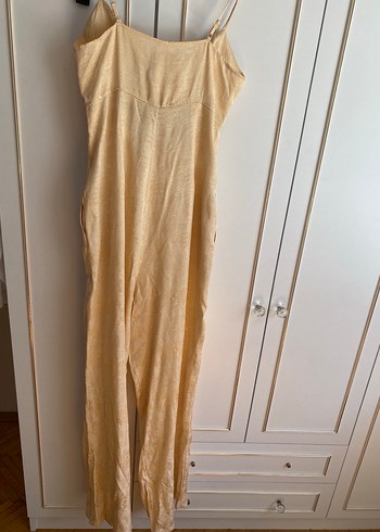 Bej Kadın Keten Uzun Straplez Tulum - Görsel 2