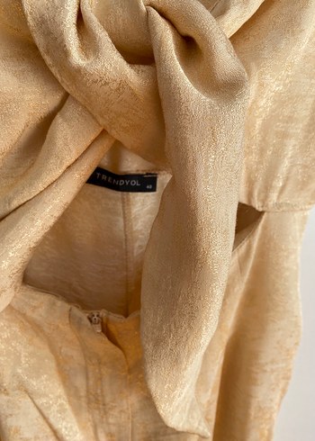 Bej Kadın Keten Uzun Straplez Tulum - Görsel 4