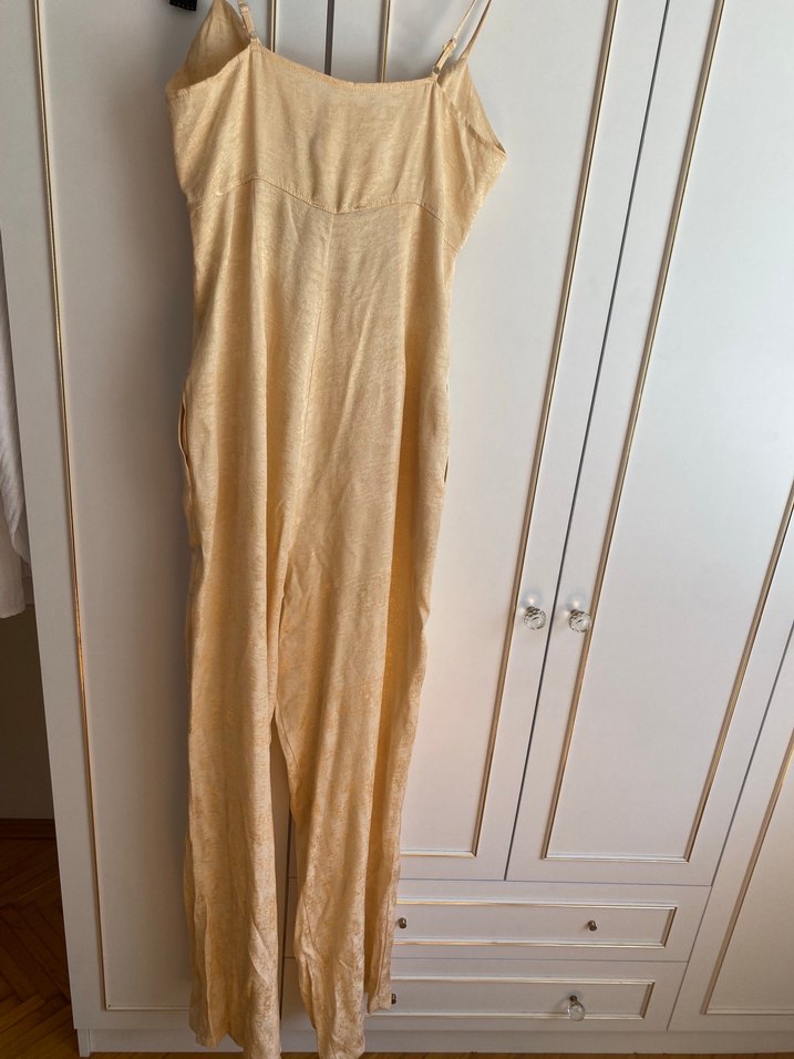 Bej Kadın Keten Uzun Straplez Tulum - Görsel 2