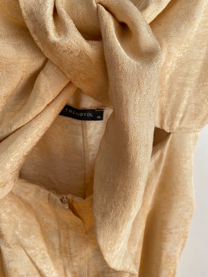 Bej Kadın Keten Uzun Straplez Tulum - Görsel 4