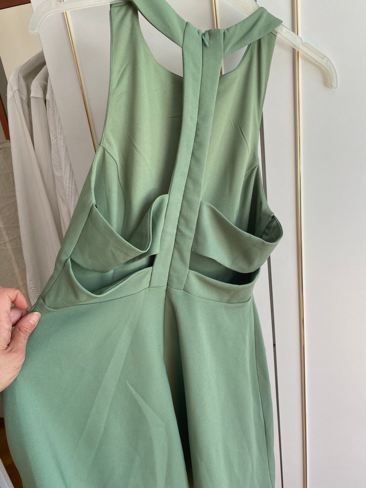 Yeşil Midi Yüksek Yakalı Kolsuz Elbise - Görsel 4