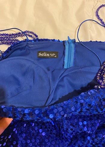 Mavi Parlak Payetli Uzun Abiye Elbise - Görsel 8