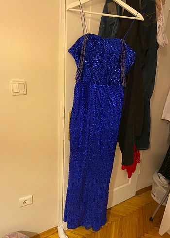 Mavi Parlak Payetli Uzun Abiye Elbise - Görsel 5
