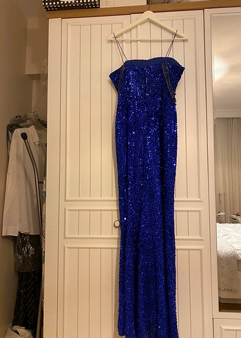 Mavi Parlak Payetli Uzun Abiye Elbise - Görsel 4