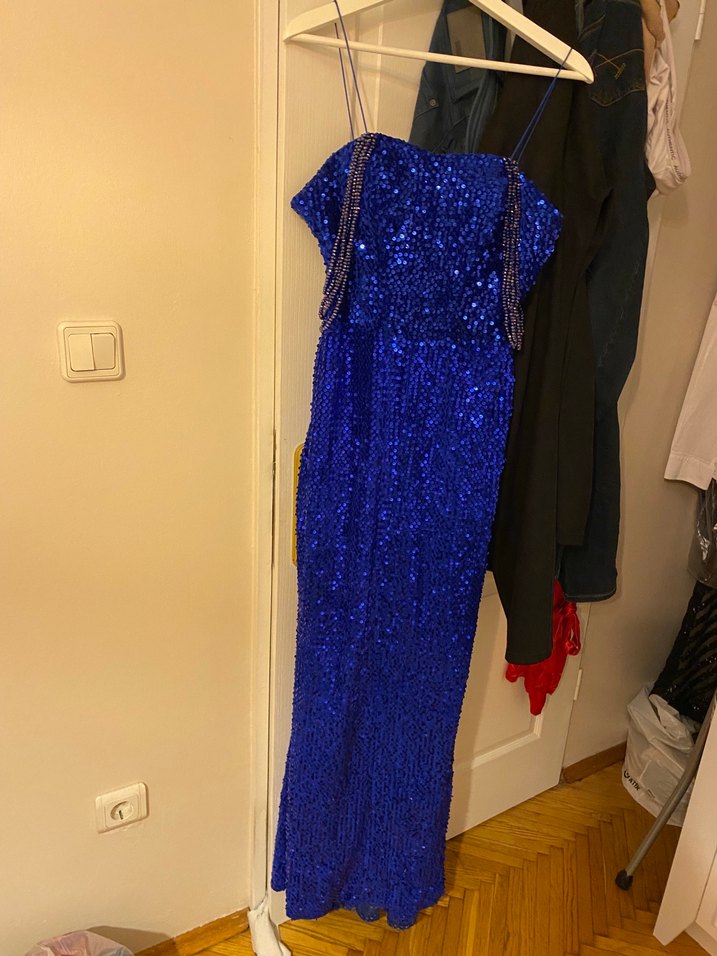 Mavi Parlak Payetli Uzun Abiye Elbise - Görsel 5