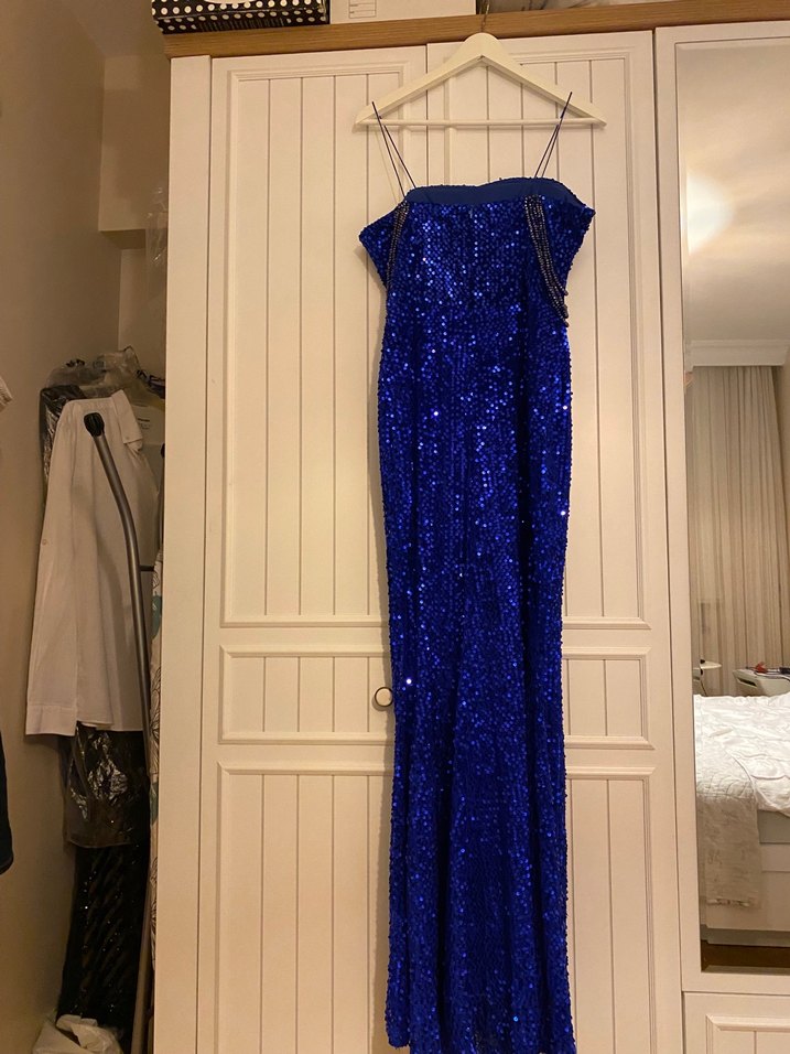 Mavi Parlak Payetli Uzun Abiye Elbise - Görsel 4