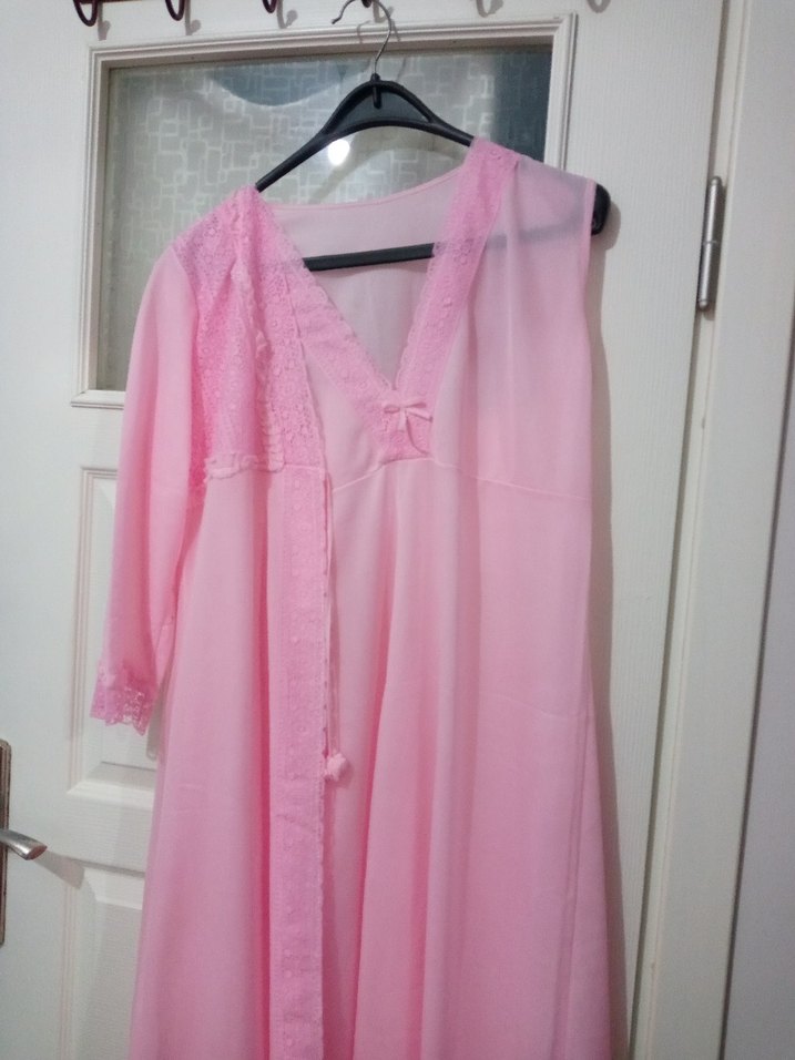 Pembe Uzun Kollu Kadın Gecelik,sabahlık ikili Takım yeni vintega - Görsel 3