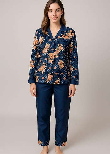 Çiçek Desenli Uzun Kollu saten Kadın Pijama Takımı - Görsel 4