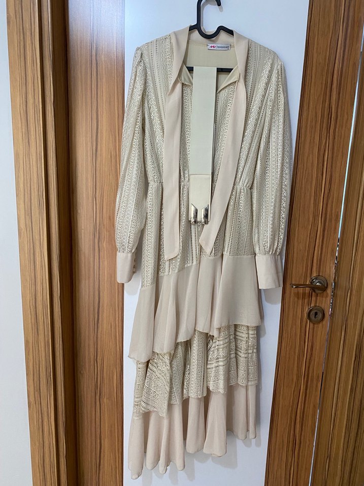 Dantel Detaylı Uzun krem Kadın  Elbise - Görsel 4