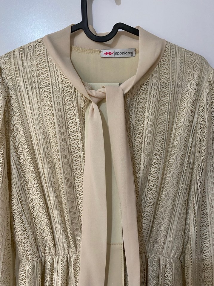 Dantel Detaylı Uzun krem Kadın  Elbise - Görsel 3