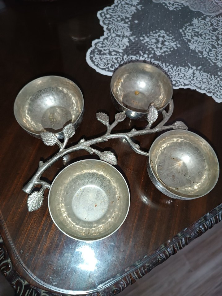 Alman Gümüşü Bohem Tarzı Dallar ve Yapraklar Sunumluk 4lü kase - Görsel 2