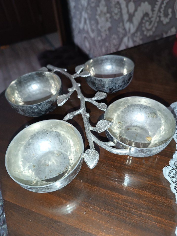 Alman Gümüşü Bohem Tarzı Dallar ve Yapraklar Sunumluk 4lü kase - Görsel 3