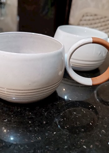 Saku handmade Kulplu beyaz Seramik Kupa 2 adet - Görsel 4