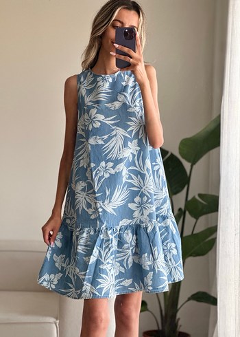 Mavi Çiçek Desenli denim Kolsuz Mini Elbise - Görsel 5